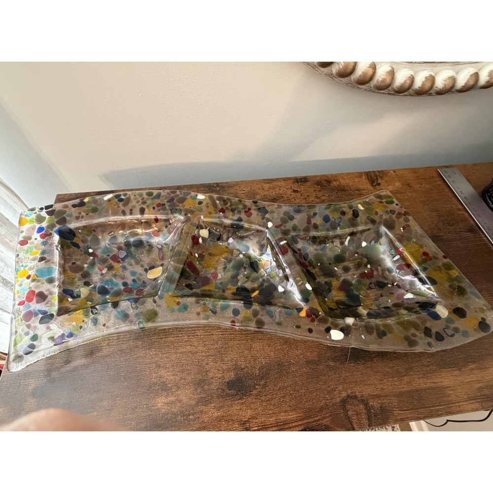 Fused Art Glass Confetti Divided Serving Tray 3 Section Handmade 17"
